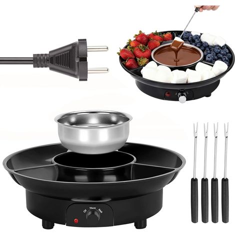 Kit de fondue électrique au chocolat de 260 ml avec 3 compartiments, 4 fourchettes à fondue, 2 niveaux de température – comme petite fontaine à chocolat pour fête, famille et couples (1/5)