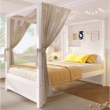 Letto a baldacchino 90x200 cm in legno e MDF bianco senza materasso - MEUBLIV (1/5)