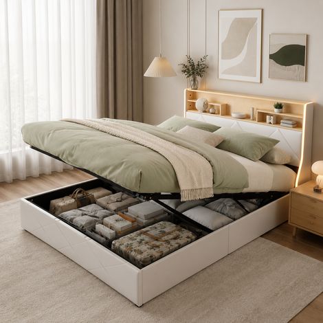 Lit 140x200 avec sommier coffre, led lit double avec rangement, tête de lits avec étagère ouvertes et usb ports, pour adultes et ado, blanc pu (1/5)
