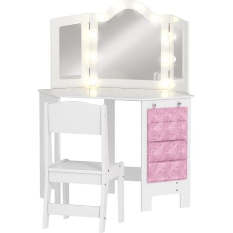 Girls Vanity Table Set with Stool,Kids Dressing Table featuring Tri-Folding Mirror and Dual-Color LED Lights,Elegant White Finish