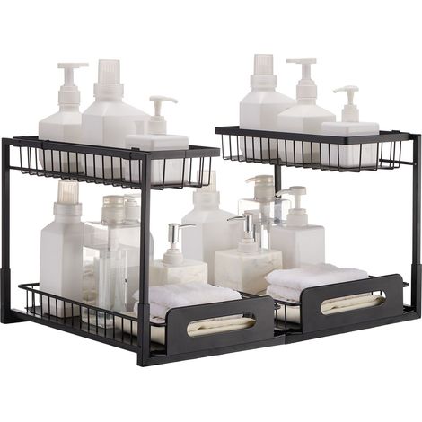 Range 2 tiroirs coulissants pour placard (27,2 cm L x 36,1 cm P), organiseur sous évier, panier métallique à glissière, dimensions d'installation 64,8 x 39,4 x 33 cm (lot de 2) (1/5)