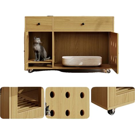 Armoire à chats, bois naturel, 100 cm x 45 cm x 66 cm, Compatible avec les bacs à litière standard, Flux d'air amélioré, Deux tiroirs de rangement (1/5)
