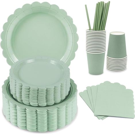 Ensemble de vaisselle jetable vert sauge (pour 15 personnes) — Vaisselle compostable, ensemble de fête, idéal pour les anniversaires, les réunions et les pique-niques (1/5)