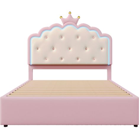 Letto imbottito bambini 140 x 200 cm PU rosa con rete, LED, letto estraibile e 2 cassetti (1/5)