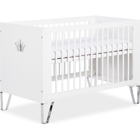 Lit évolutif bébé 120x60 cm – Pieds en métal chromé – Miroir couronne – Sommier réglable 3 hauteurs – Fabriqué en pin et MDF