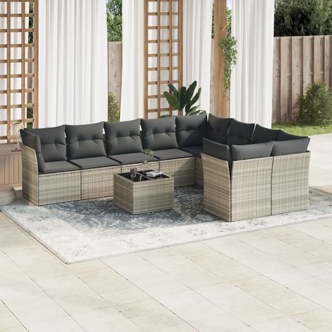 Set sofás jardín 10 pzas con cojines ratán sintético gris claro vidaXL (1/3)