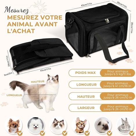Sac de Transport Chat, Sac Transport Chat Chien avec Matelas Souple, Sac Transport Chien et Pliable, Caisse de Transport Chat pour Petit Chien,Chat (Noir, 43x28x28cm) (1/3)
