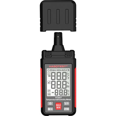 HABOTEST HT607 Digitales Hygrometer, Taschenthermometer, Feuchtigkeitsmesser mit LCD-Display, misst Temperatur, Luftfeuchtigkeit, Psychrometer, Feuchtkugeltemperatur und Taupunkt mit Max/Min/Hold-Modi