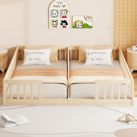 Lit de camp en panneaux de pin 90 x 200 cm, rampe de sécurité, base à lattes, pour deux enfants, style minimaliste naturel