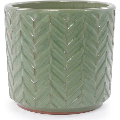 Maceta de cerámica Ø20 cm verde salvia brillante con relieve de chevrones OKMYHOME (1/5)