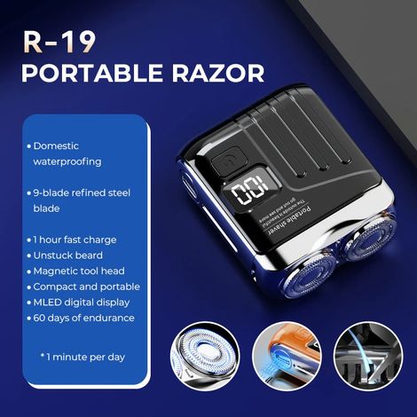 Rasoir électrique intelligent (R19 Noir), affichage numérique, mini tête de rasage double lame, rasoir de voyage, rechargeable (1/3)