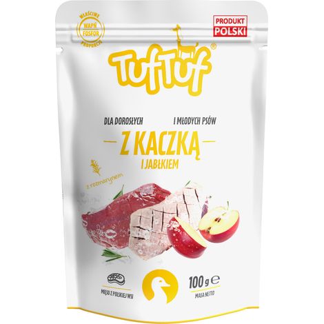 Comida húmeda para perros TufTuf sabor pato con manzana, sobre de 100 g, carne en conserva.