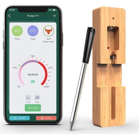 1PCS Sonde Temperature Cuisine Bluetooth 50m Thermomètre à viande Sans Fil avec Fonction de Minuterie et D'alarme Connexion Thermomètre Cuisine pour Friteuses à Air, BBQ, Four, Fumoir-DOU