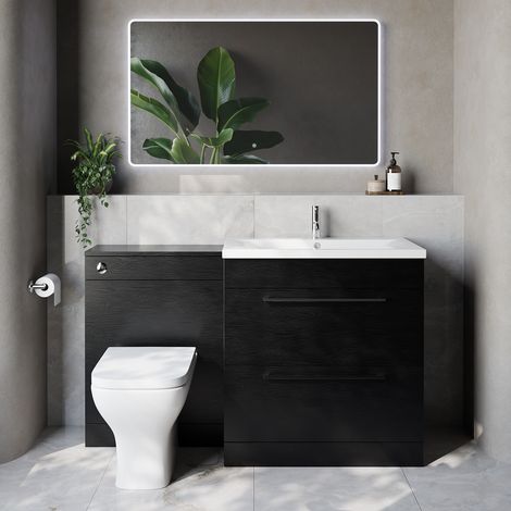 Napoli 460 Cento Nero Oak 1400mm 2 Drawer Vanity Unit Toilet Suite with Glide Basin - 1400mm - Chrome 480mm HandleWith Kingston Toilet Pan and Seat