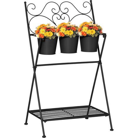 PORTAPIANTE IN METALLO PIEGHEVOLE CON 3 VASI E RIPIANO INFERIORE PER CASA E GIARDINO, 47X37X78.5CM, NERO (1/5)