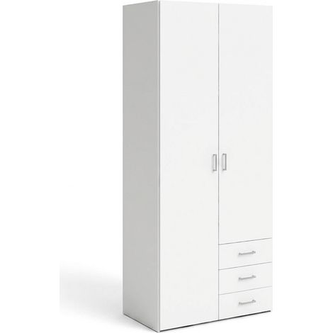 Armadio Con 2 Ante e 3 Cassetti Armadietto Multiuso Design Moderno Salvaspazio Vano Con Barra Appendiabiti E Ripiani Camera Da Letto Ingresso Lavanderia 77.6 x 49.5 x 200.4 Cm Bianco