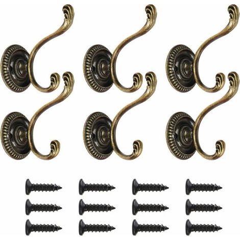 Set of 6 Vintage Double Coat Hooks, Sturdy Wall Hooks, Clothes Hooks, Bedroom Hooks, Decorative Door Hooks with Screws for Bathroom and Kitchen, Bronze