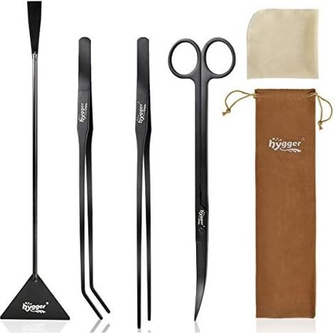 Long Outil d'Aquarium Premium en Acier Inoxydable, 4pcs Plantes Aquatiques Pincettes Ciseaux Spatule Kit avec 1 Chiffon de Nettoyage pour Aquarium Débutant - (1/5)