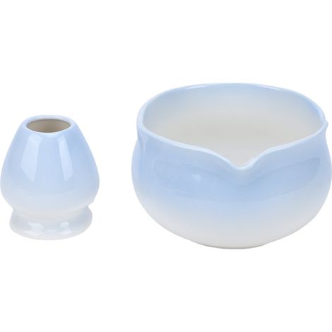 Bol à matcha et porte-fouet, bol à matcha en céramique avec bec verseur pour la cérémonie du thé japonaise traditionnelle, dégradé bleu (1/5)