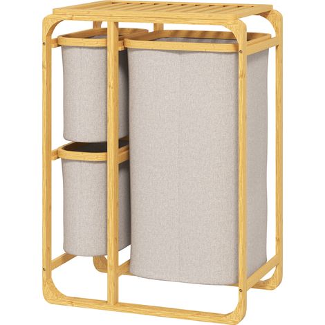Wäschekorb aus Bambus mit 3 Beuteln und Stoffablagen, 50 x 32 x 69,7 cm, Bambus, cremefarben
