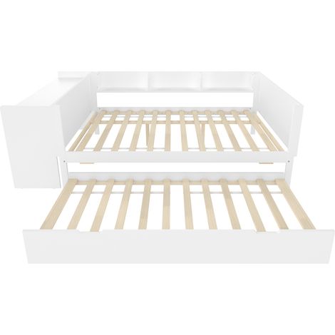 Lit double 140 x 200 cm avec lit gigogne, bureau et étagères, pin et panneau de particules, blanc (1/5)