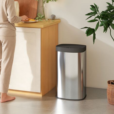Automatischer 55-Liter-Küchenabfalleimer aus Edelstahl mit Soft-Close-Deckel, 38 x 28,5 x 69 cm, silber