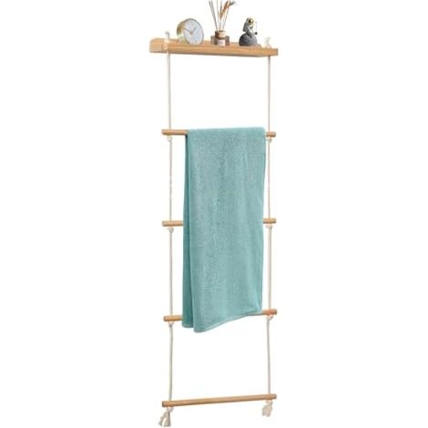 Echelle Porte-Serviettes, Porte Serviette en Bois 5 Niveaux Porte Torchon Murale avec étagère Support de Rangement Echelle Decorative Bois pour Salles de Bains Pliable (1/5)