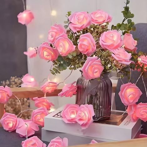 Guirlande Lumineuse À Led En Forme De Rose Rose - Décoration Romantique Pour La Saint-Valentin - Idéale Pour Table De Chevet Ou Coiffeuse - 1 Pièce (1/5)