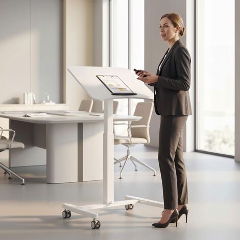 Bureau assis-debout réglable en hauteur, plateau inclinable, roulettes et structure en acier, 60,5 x 52 x 75–114 cm, blanc