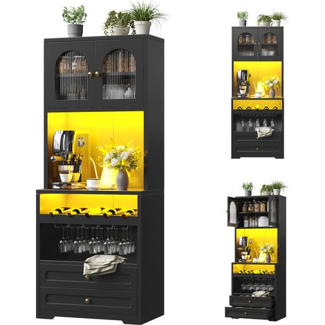 CHICFURN Buffet haut de cuisine noir avec LED, portes vitrées cintrées, étagères réglables, range-bouteilles, port USB, meuble de rangement salon (1/5)