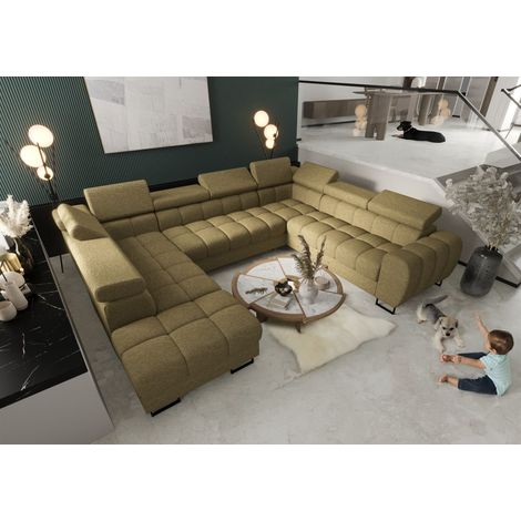 Wohnlandschaft Schlafsofa BASTIEN XL in Stoff Aragon Olivgrün Ottomane Links