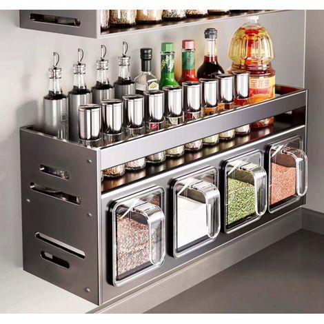 Étagère à épices murale de cuisine à double couche, sans perforation, support de rangement, adaptée aux armoires murales (4 compartiments) (1/5)