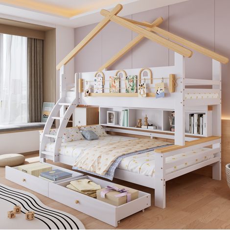 Kinder-Etagenbett mit Dach, schräger Treppe und 2 Schubladen, Massivholz+MDF Weiß/Natur, 90x200/120x200 cm (1/5)