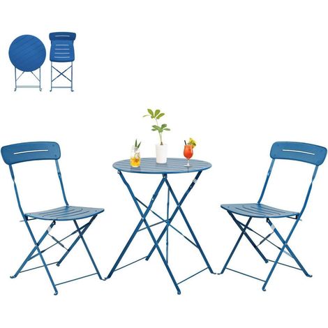 Bistrotisch Balkonmöbel Set 2 Stühle Wetterfest Blau mit Nut (1/5)