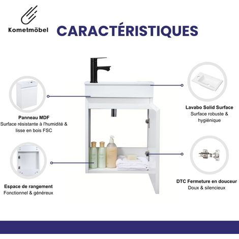 Meuble WC et lavabo préassemblé – Largeur 46 cm, blanc brillant, mitigeur non inclus – Gain de place pour petite salle d’eau (1/5)