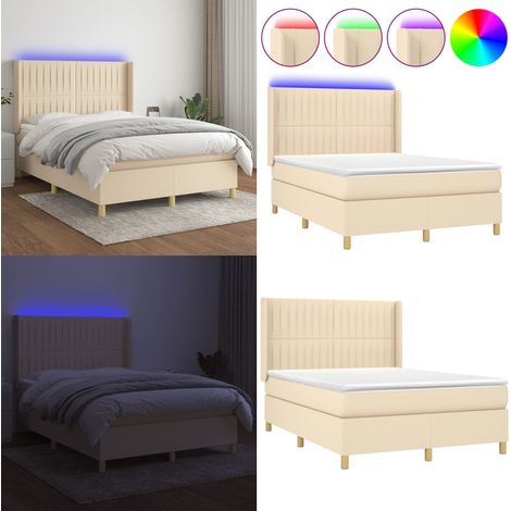 Sommier à lattes de lit matelas et LED Crème 140x200 cm Tissu - Sommier Tapissier - Lit Plateforme - Lit Avec Rangement - Tête De Lit Ajustable - Éclairage Led - Home & Living (1/5)