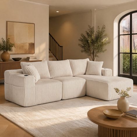 Sofá esquinero modular con chaise longue, 5 cojines, terciopelo beige DESVIAE (1/5)