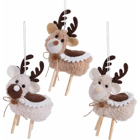 Renne in morbido eco-fur con gambe in legno e fiocco da appendere all'albero di Natale, set da 12 pezzi, cm 9,5 x 5 x 15 H