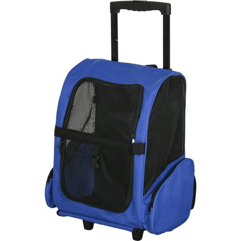 2-in-1-Transportwagen für Hunde und Katzen, blauer Trolley mit Teleskopgriff, 42 x 25 x 55 cm, mit Belüftung und Sicherheitsleine