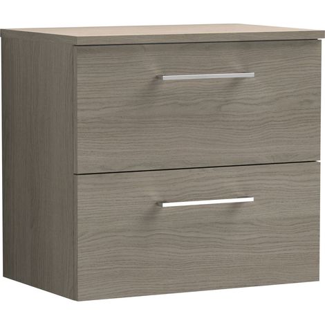 Nuie Arno Wall Hung 2-Drawer Vanity Unit with Worktop 600mm Wide - Solace Oak Woodgrain (1/5)