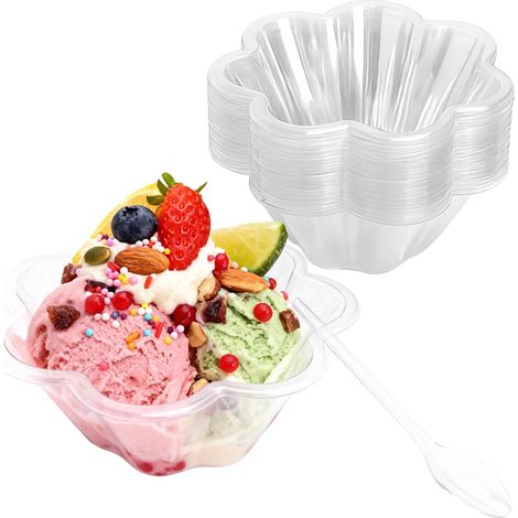 JeiibrZui Lot de 50 coupes à dessert en plastique avec cuillères - Motif floral transparent - Réutilisables pour les fêtes et les mariages - Empilables - Idéales pour les glaces, les en-cas et les sal (1/5)