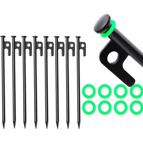 Set of 8 sturdy 40cm tent pegs for camping, awnings and garden (8 ground stakes + 8 light rings + 1 bag) (1/5)