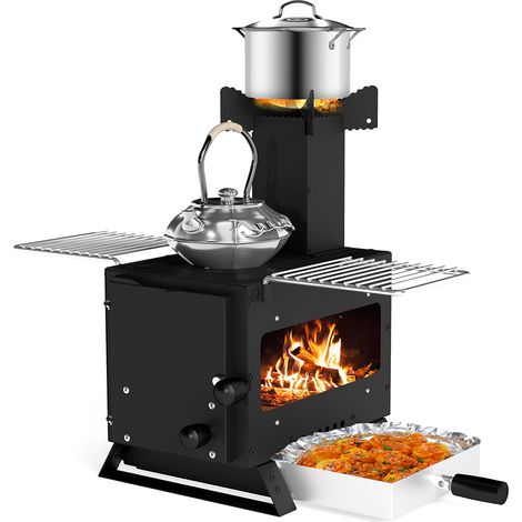 COSTWAY Portable Wood Burning Stove Mini Heater Burner w/ Pot Rack Black (1/5)
