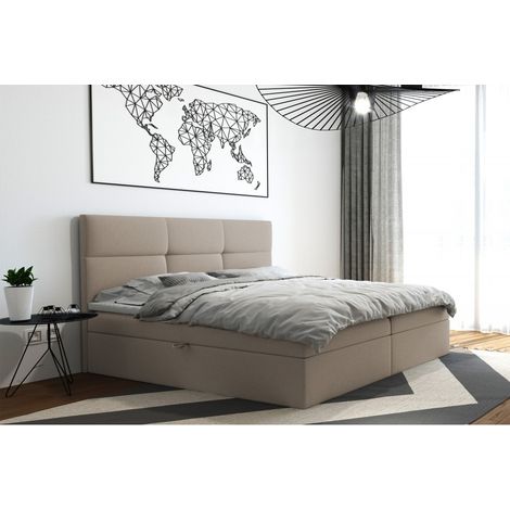 Lit adulte 200x200 cm TOP - avec matelas rangement et surmatelas - tissu velours – beige (1/4)