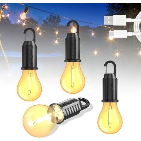 Lot de 4 lampes LED rechargeables - Portable, étanche, lanterne avec mousqueton - Luminosité réglable, 3 modes d'éclairage - Ampoule pour aventure, pêche, garage (1/5)