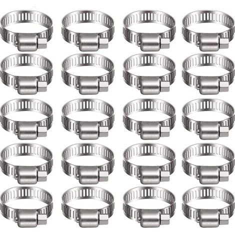 Pack of 20 stainless steel hose clamps for fuel lines. For automotive plumbing, swimming pools, cars, ponds and gardens (6-12 mm). (1/5)