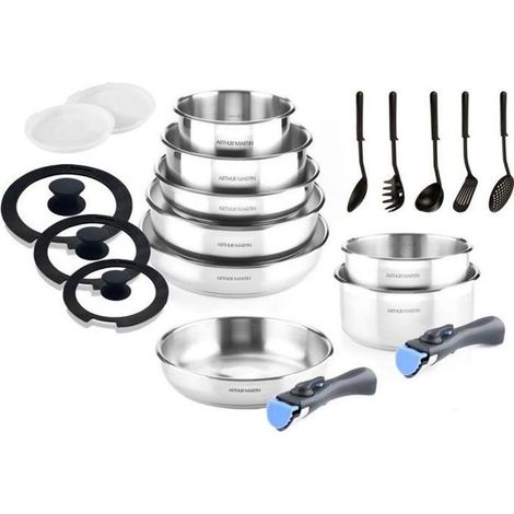 Batterie de Cuisine Arthur Martin 20 Pièces en Inox Tous Feux avec Ustensiles et Poignée Amovible