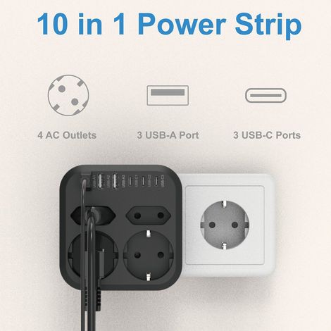 Multiprise 10-en-1 — Extension à 4 prises — Équipée de 3 ports USB-A et 3 ports USB-C (1/5)