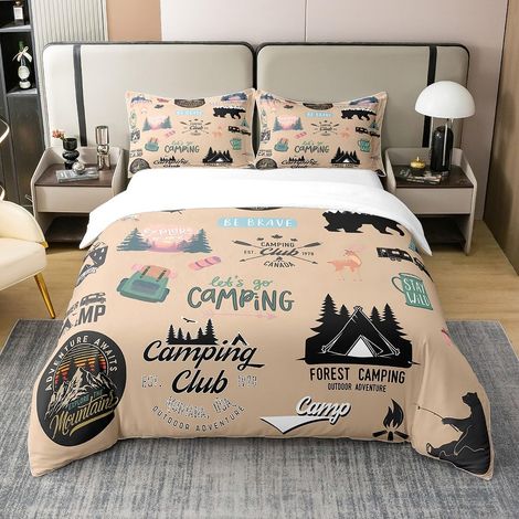 Happy Camping 100% Coton Housse de Couette 200x200cm Camping - Voitures Literie Set Cartoon Camping - Voitures Ours Parure de Lit Femmes Hommes Ensemble de lit avec 2 taie d'oreiller - 200 x 200 cm + (1/5)