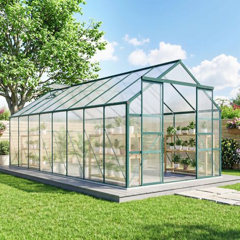 Serre de jardin en polycarbonate, aluminium et métal, anti-UV et résistant au vent, 244x500x216 cm, teinte verte (1/5)